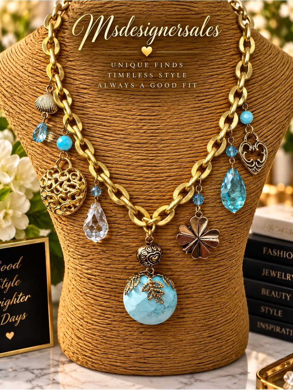 Gold Chain Necklace with Turquoise and Blue Charms
